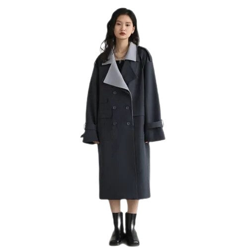 Trench Double Collar Breasted Long Coat - Black Gray / S