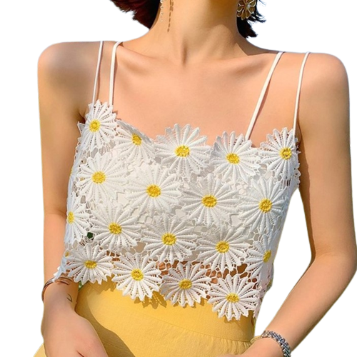 Floral Spaghetti Strap Lace Crop Tops - White / S - Top