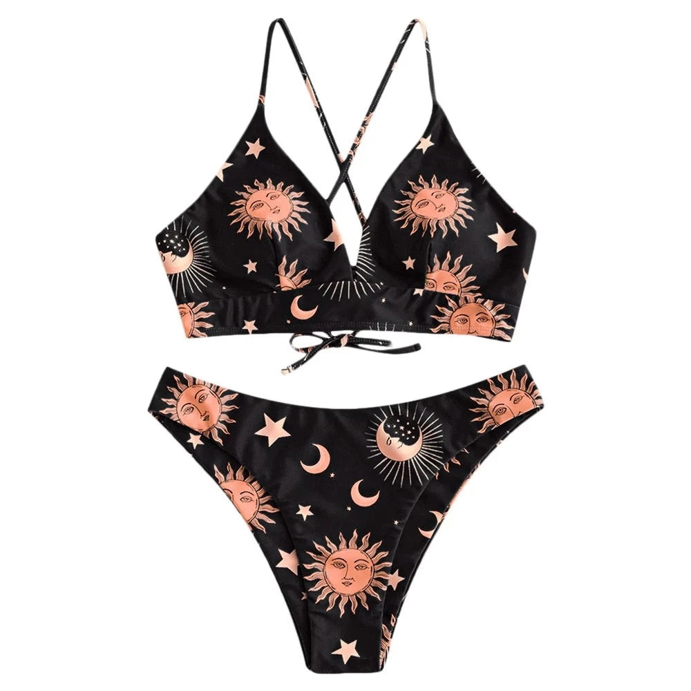 Sun Moon Star Print High Waist Bikini - Black / S