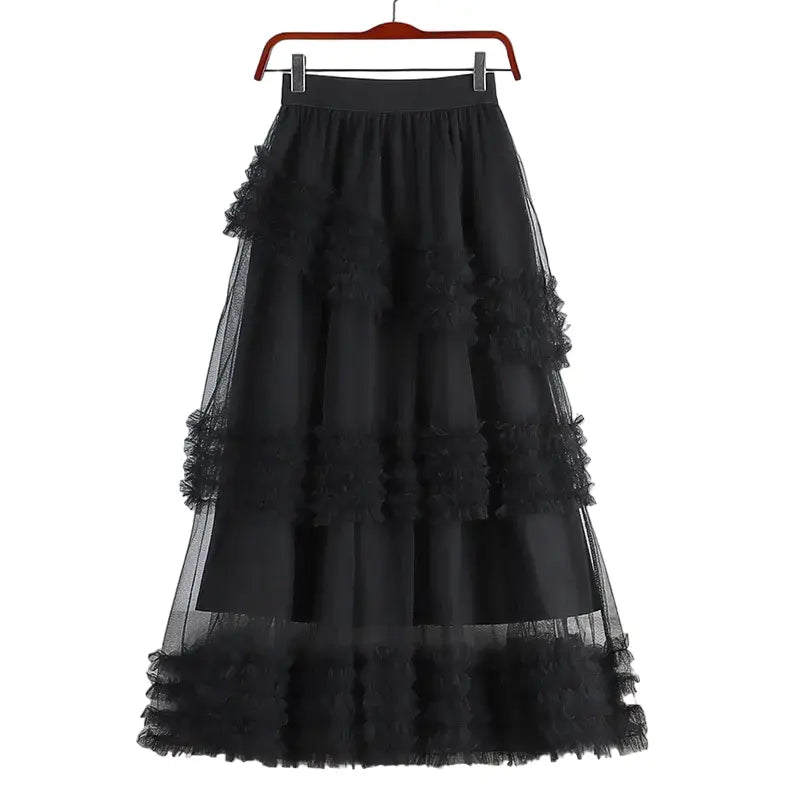 A Line Midi Tulle Skirt with Elastic Waist Black / One Size
