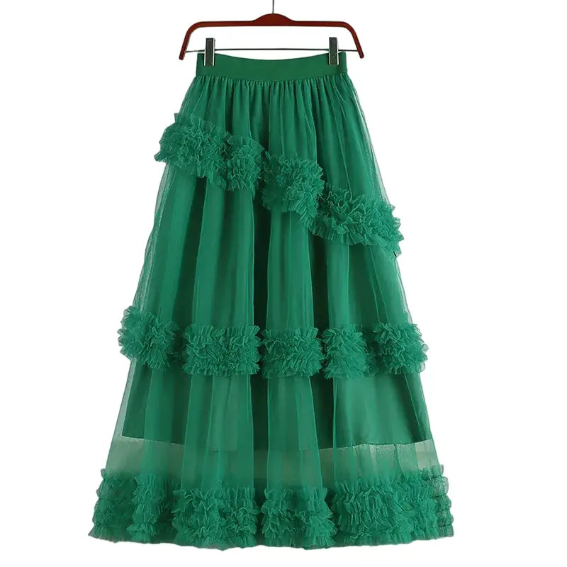 A Line Midi Tulle Skirt with Elastic Waist Green / One Size