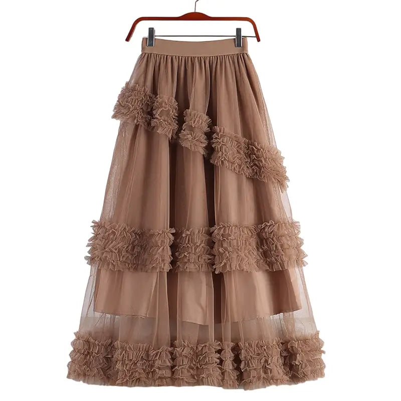 A Line Midi Tulle Skirt with Elastic Waist Khaki / One Size