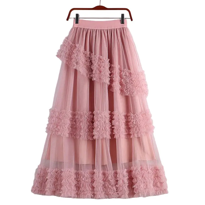 A Line Midi Tulle Skirt with Elastic Waist Pink / One Size