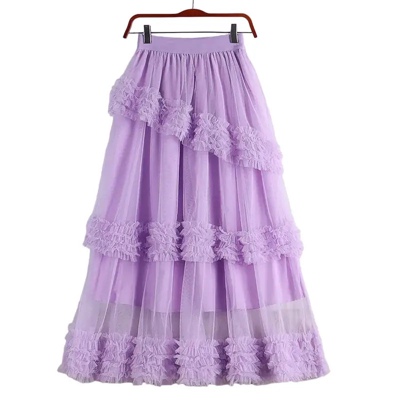 A Line Midi Tulle Skirt with Elastic Waist Purple / One Size
