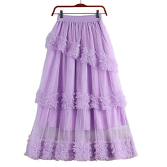 A Line Midi Tulle Skirt with Elastic Waist Purple / One Size