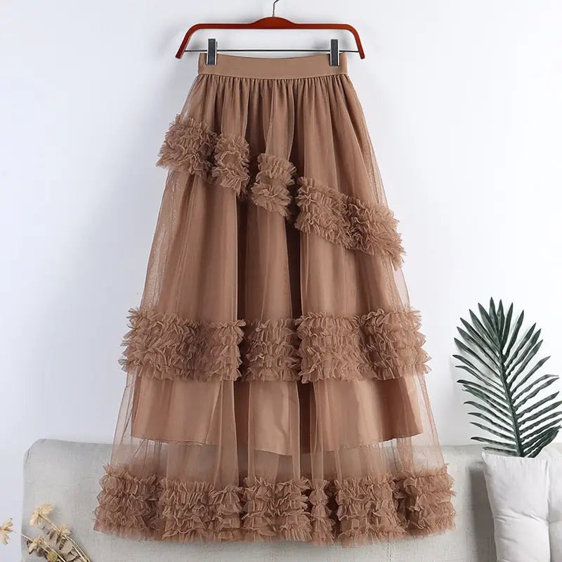 A Line Midi Tulle Skirt with Elastic Waist
