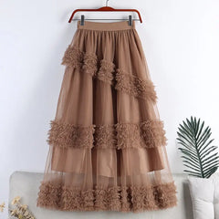 A Line Midi Tulle Skirt with Elastic Waist