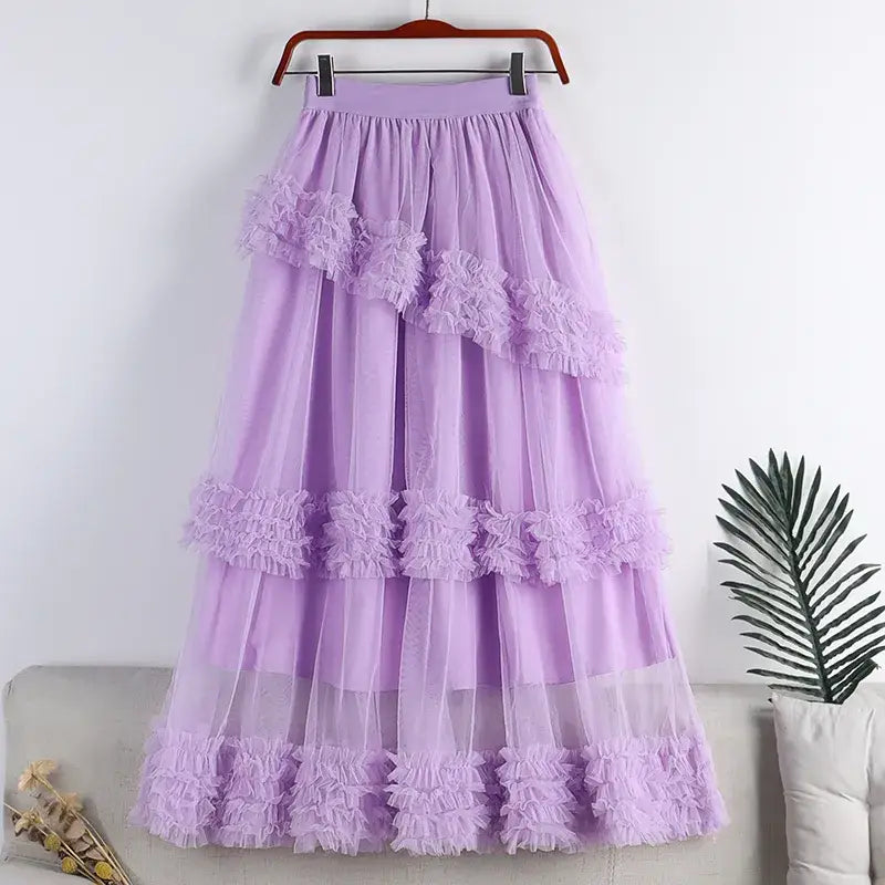 A Line Midi Tulle Skirt with Elastic Waist