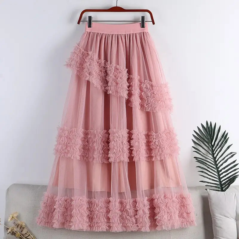 A Line Midi Tulle Skirt with Elastic Waist