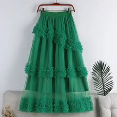 A Line Midi Tulle Skirt with Elastic Waist