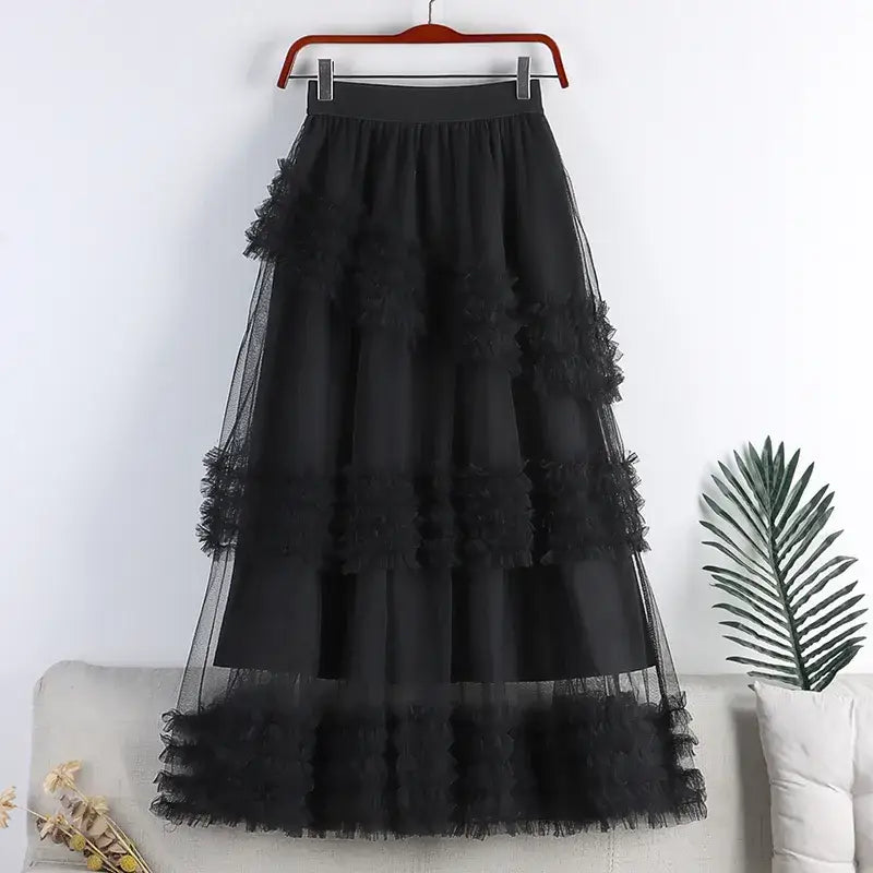 A Line Midi Tulle Skirt with Elastic Waist