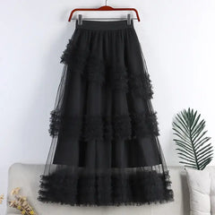 A Line Midi Tulle Skirt with Elastic Waist