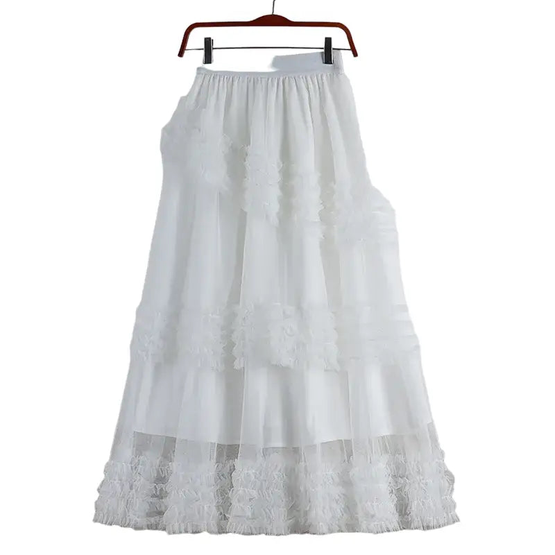 A Line Midi Tulle Skirt with Elastic Waist White / One Size