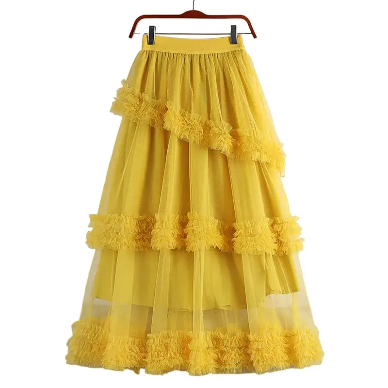 A Line Midi Tulle Skirt with Elastic Waist Yellow / One Size