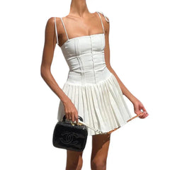 A Line Pleated Lace Spaghetti Strap Buckle Corset Dress