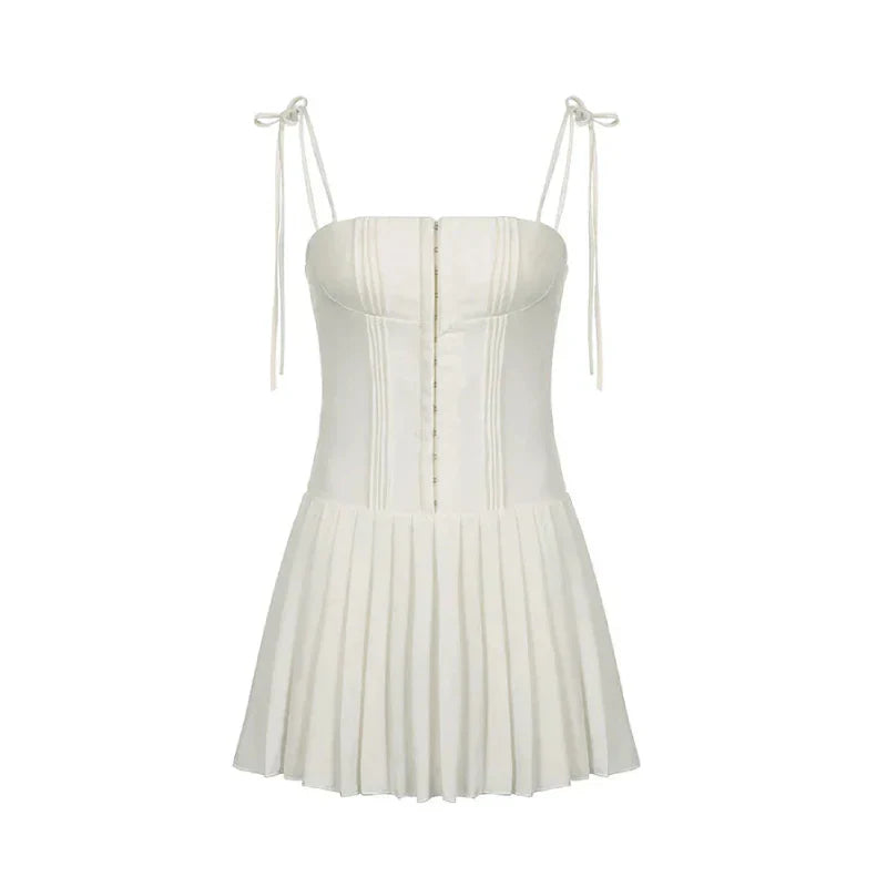 A Line Pleated Lace Spaghetti Strap Buckle Corset Dress