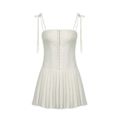 A Line Pleated Lace Spaghetti Strap Buckle Corset Dress