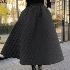 A-line Skirt Elastic High Waist Solid Color Diamond Design