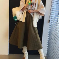 A-line Skirt Elastic High Waist Solid Color Diamond Design