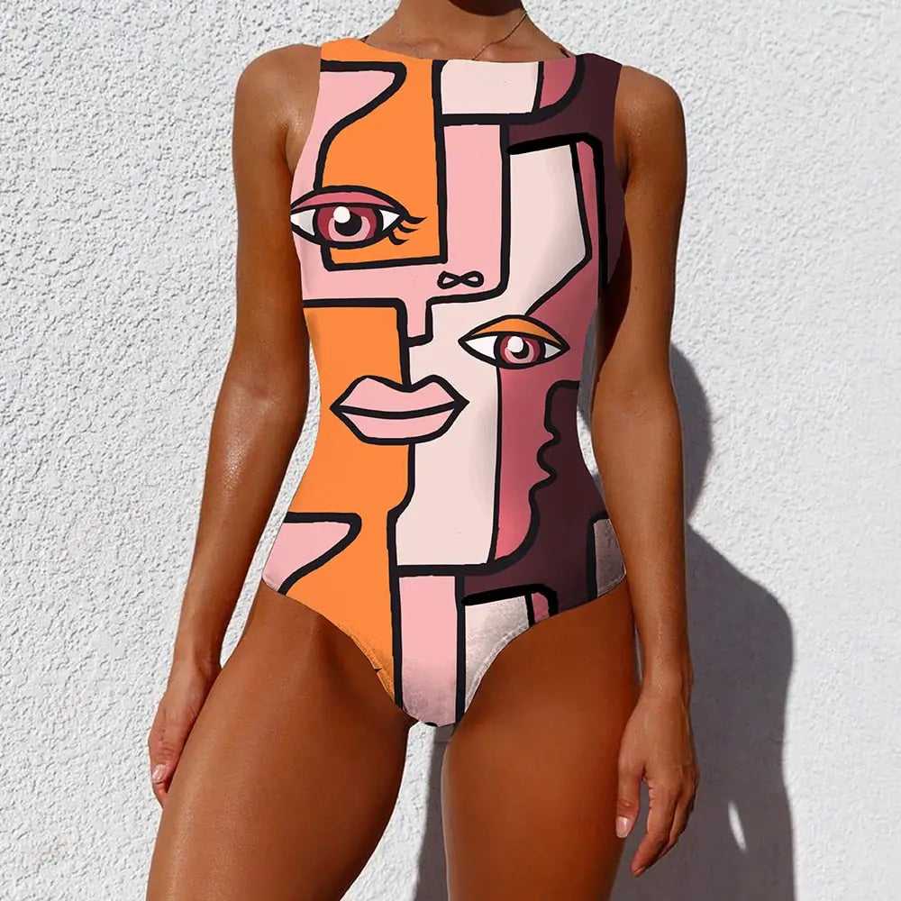 Abstract Colorful Graffiti One-Piece Swimsuit - Beige / XL