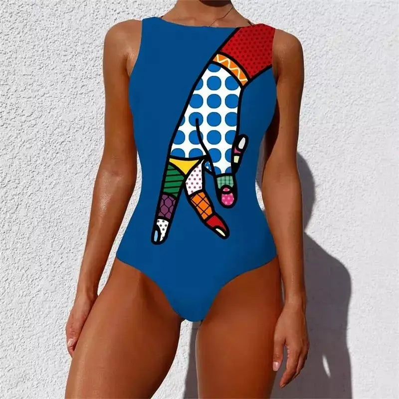 Abstract Colorful Graffiti One-Piece Swimsuit - Blue. / L