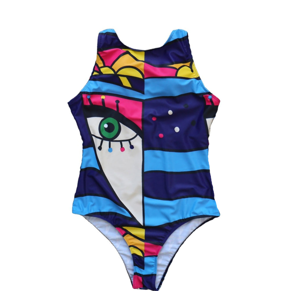 Abstract Colorful Graffiti One-Piece Swimsuit - Blue / XL