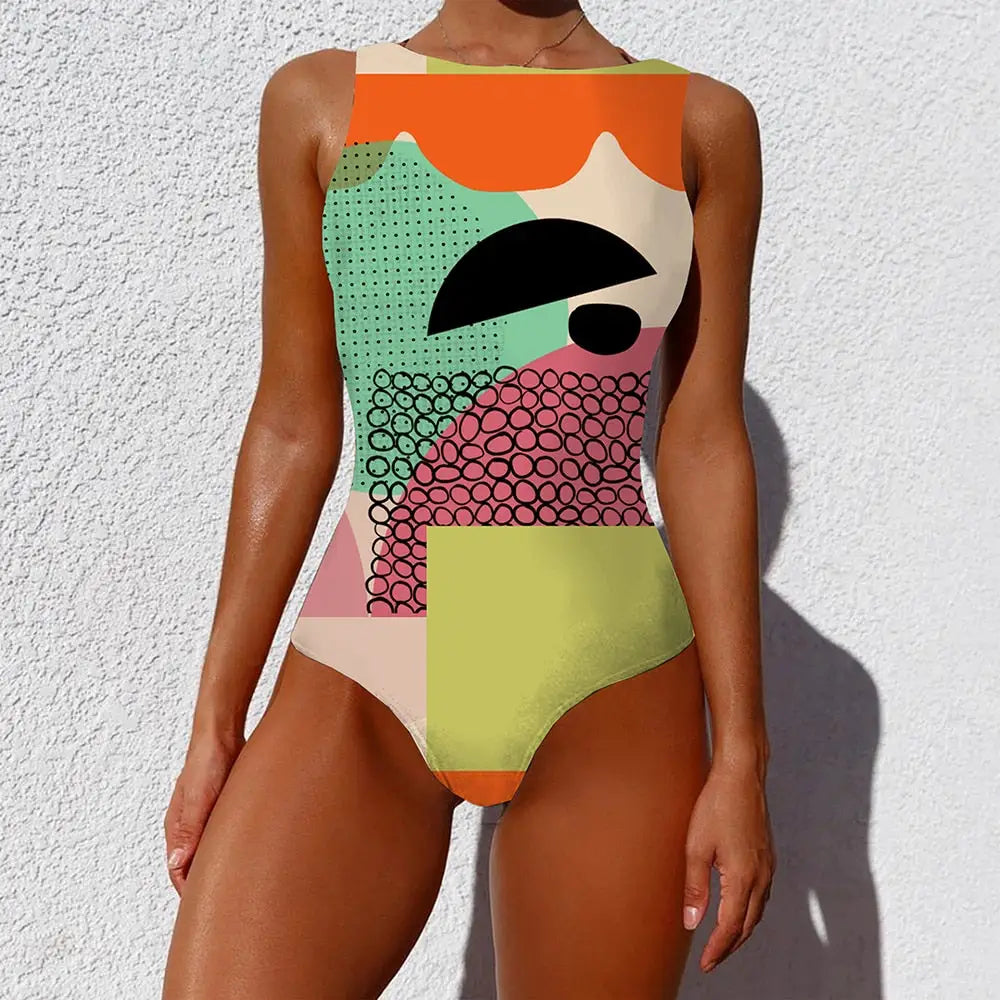 Abstract Colorful Graffiti One-Piece Swimsuit - Green. / XL