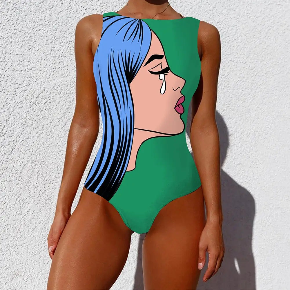Abstract Colorful Graffiti One-Piece Swimsuit - Green / XL