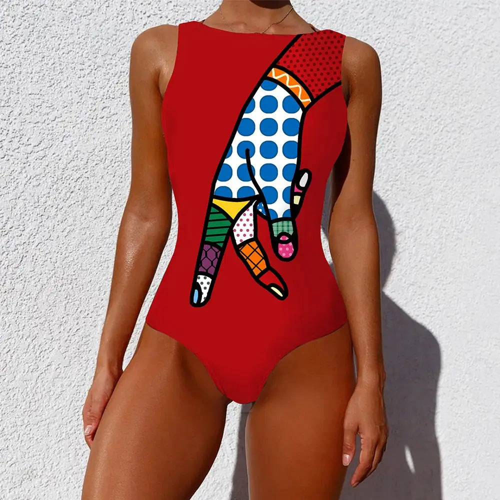 Abstract Colorful Graffiti One-Piece Swimsuit - Red / XL