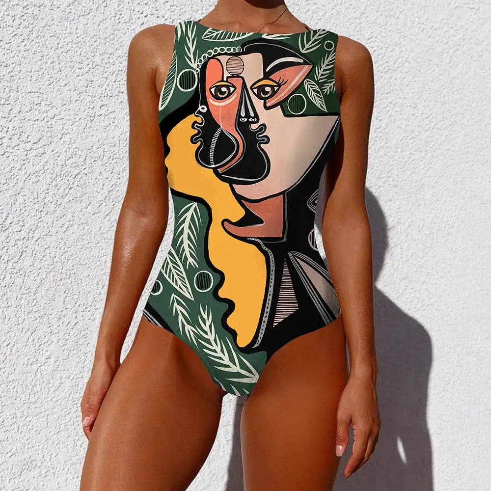 Abstract Colorful Graffiti One-Piece Swimsuit - Yellow / XL