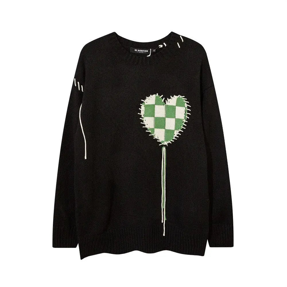 Acrylic Embroidered Wide Sweater with Heart Design Black / S