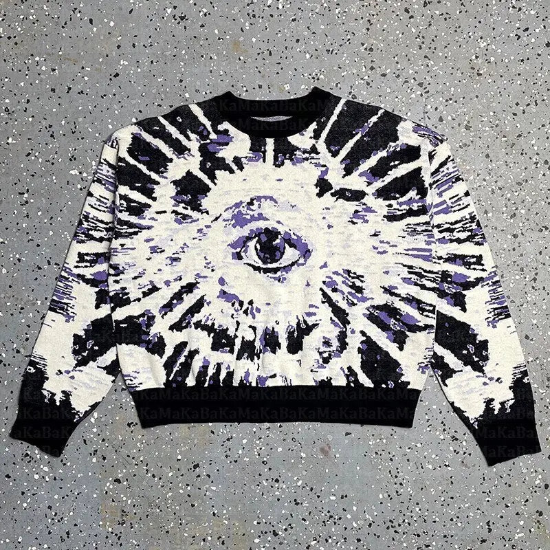 Acrylic Eye Graphic Knit Crop Sweater