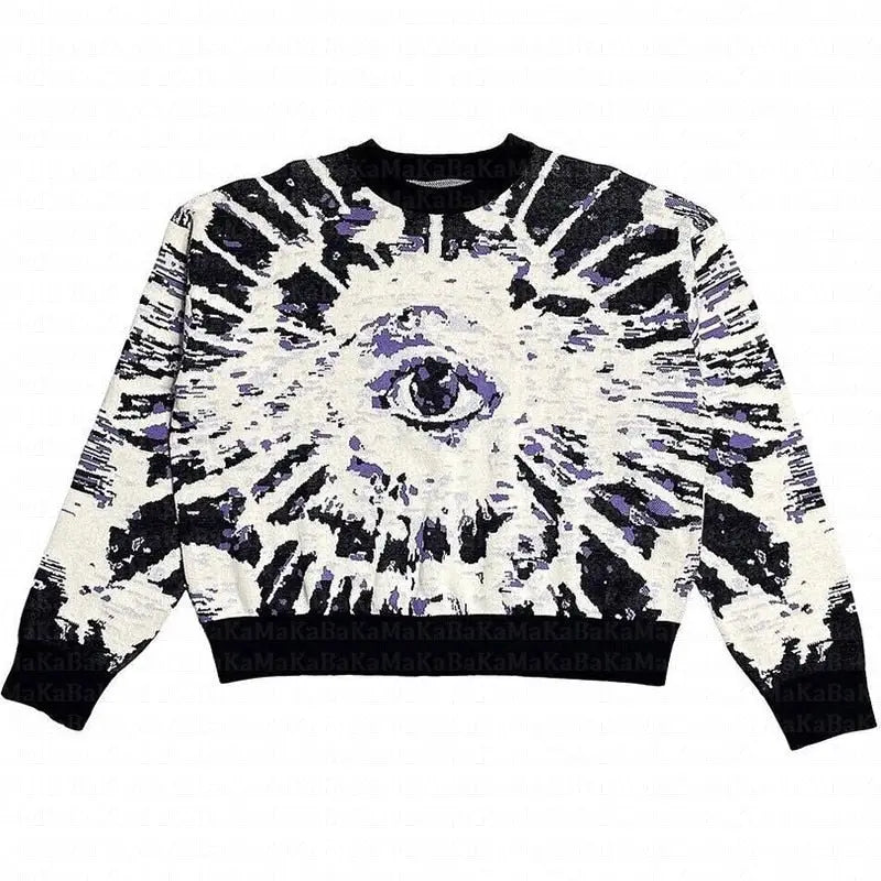Acrylic Eye Graphic Knit Crop Sweater Black / M
