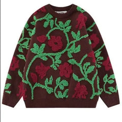 Acrylic Flower Embroidery Knitted Sweater Burgundy / S