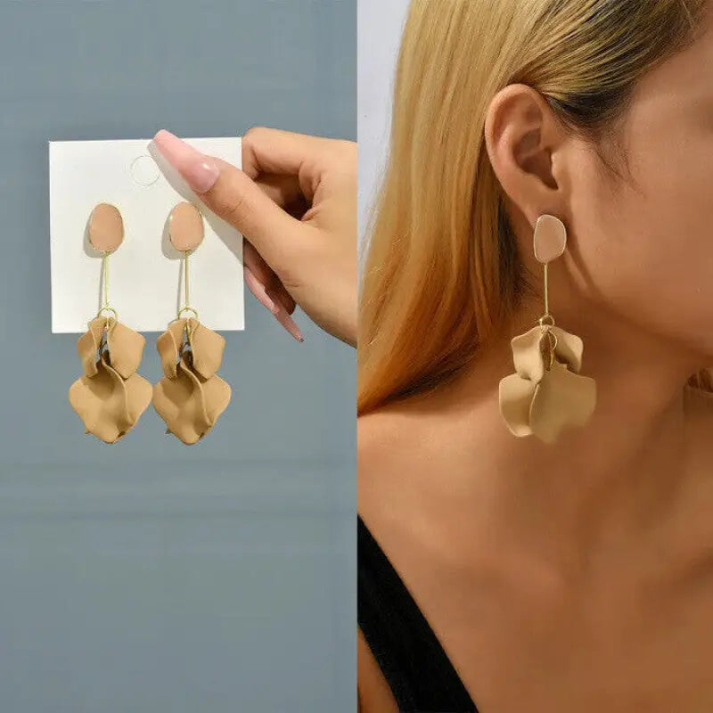 Acrylic Flower Petals Long Dangle Earrings - Beige