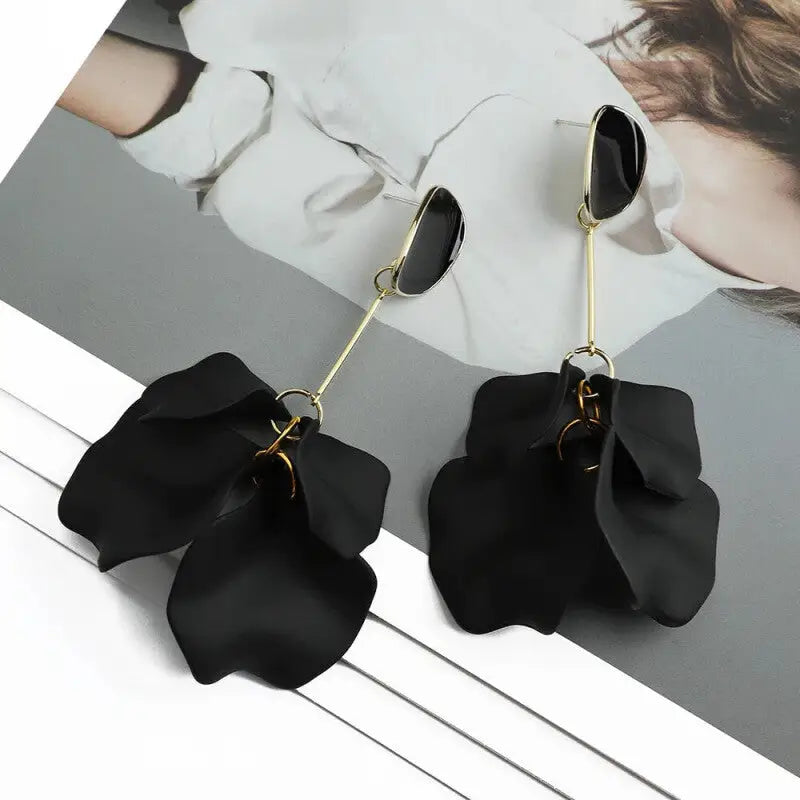 Acrylic Flower Petals Long Dangle Earrings - Black