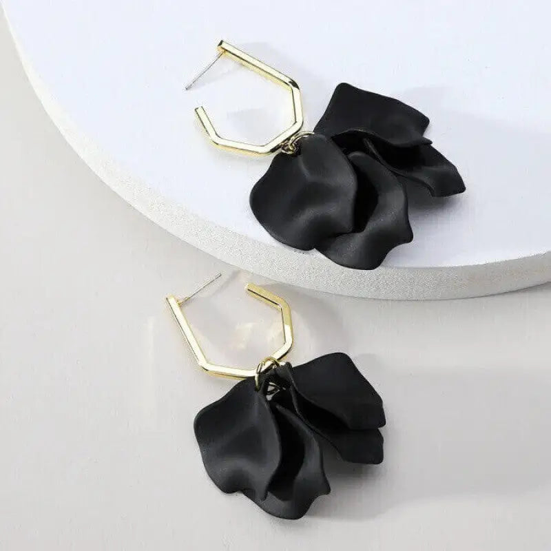 Acrylic Flower Petals Long Dangle Earrings - Black Short
