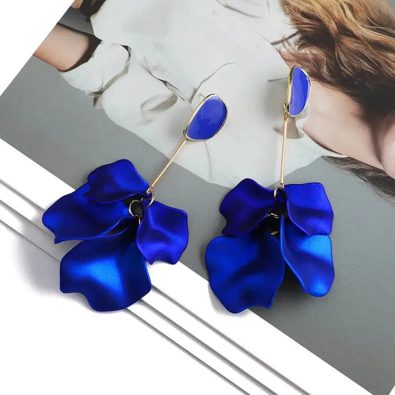 Acrylic Flower Petals Long Dangle Earrings - Blue