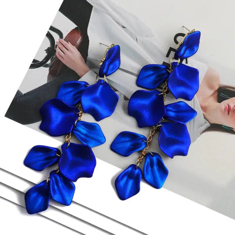 Acrylic Flower Petals Long Dangle Earrings - Dark Blue