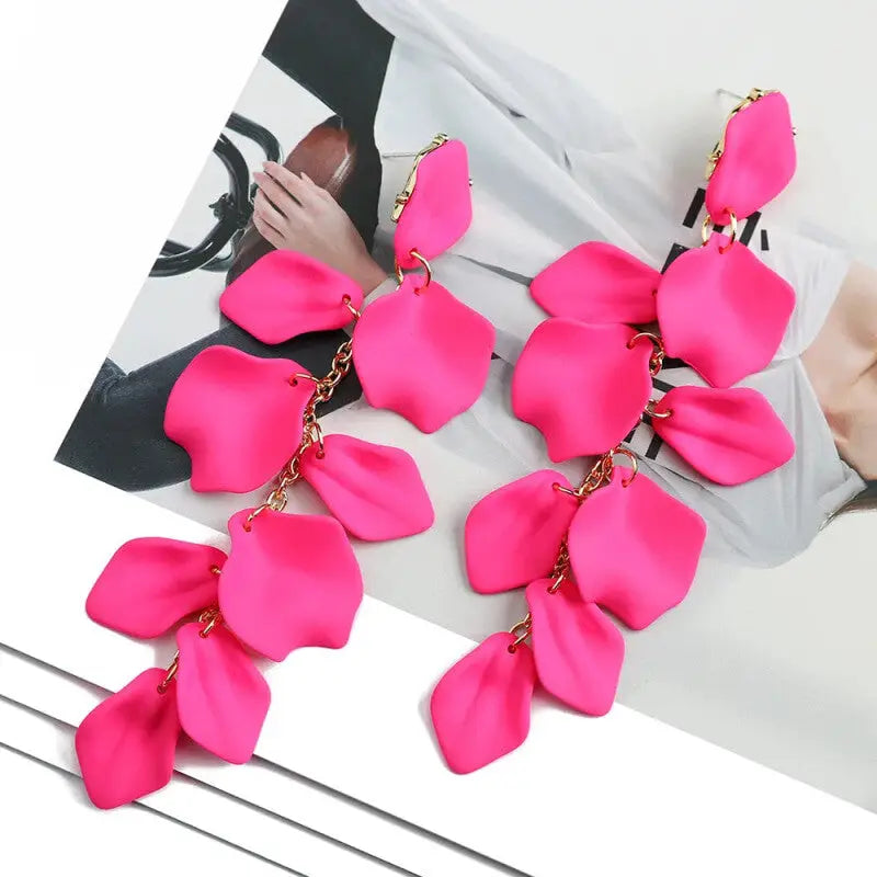 Acrylic Flower Petals Long Dangle Earrings - Fuchsia