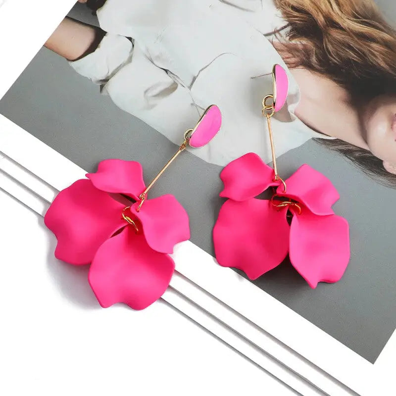 Acrylic Flower Petals Long Dangle Earrings - Fuchsia