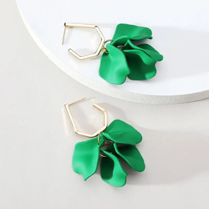 Acrylic Flower Petals Long Dangle Earrings - Green Short.