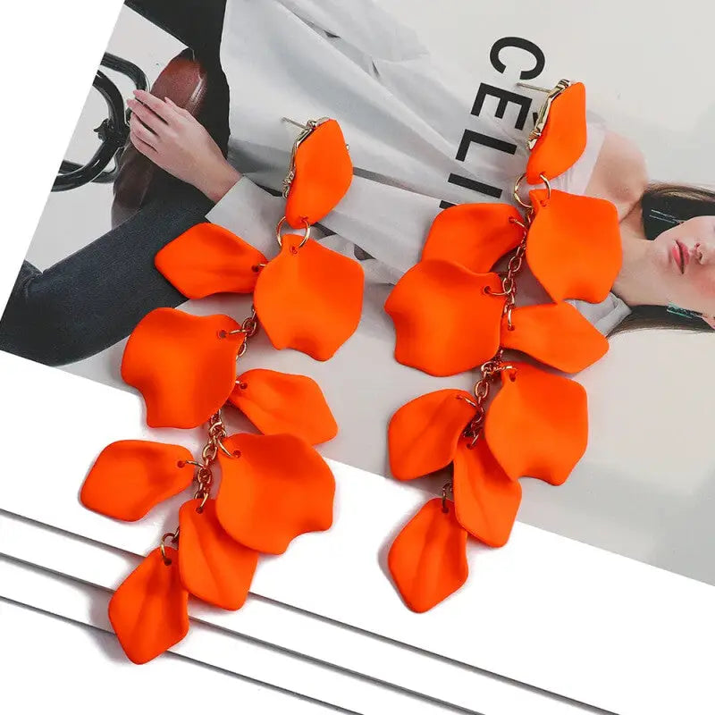 Acrylic Flower Petals Long Dangle Earrings - Orange