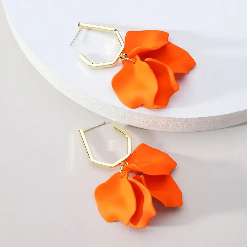 Acrylic Flower Petals Long Dangle Earrings - Orange Short