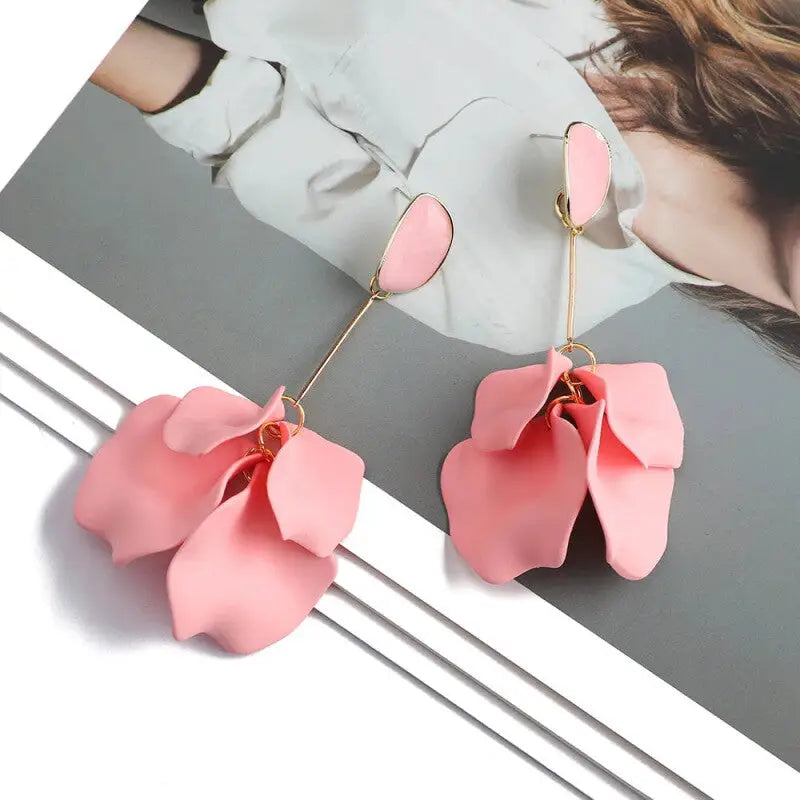 Acrylic Flower Petals Long Dangle Earrings - Pink