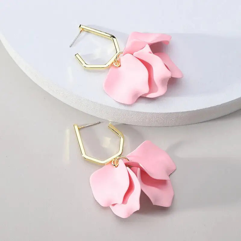 Acrylic Flower Petals Long Dangle Earrings - Pink Short.