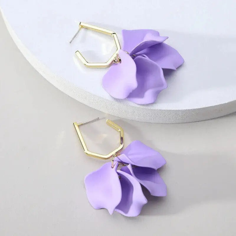 Acrylic Flower Petals Long Dangle Earrings - Purple Short