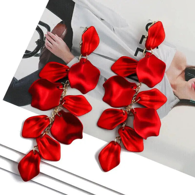 Acrylic Flower Petals Long Dangle Earrings - Red