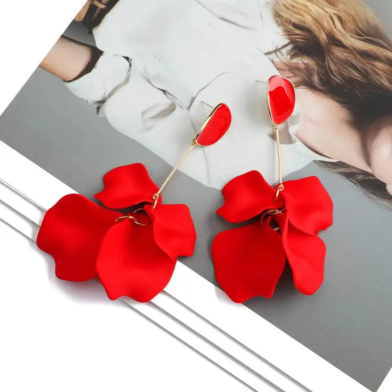 Acrylic Flower Petals Long Dangle Earrings - Red