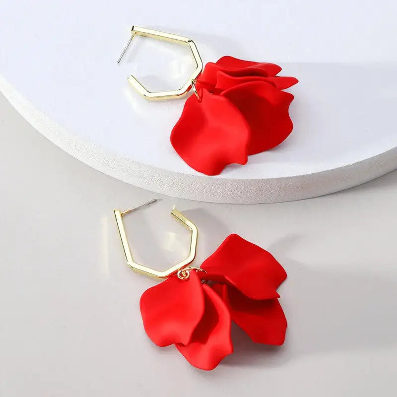 Acrylic Flower Petals Long Dangle Earrings - Red Short